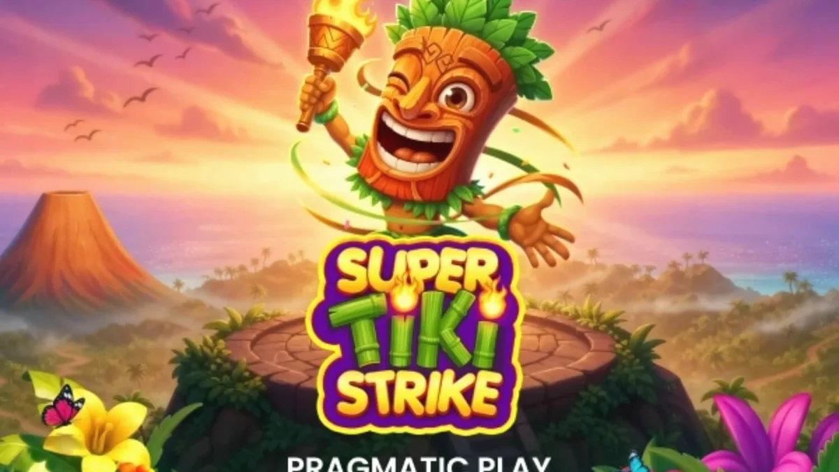 Grade 3x3 do slot Super Tiki Strike com tema tropical e vulcão ao fundo