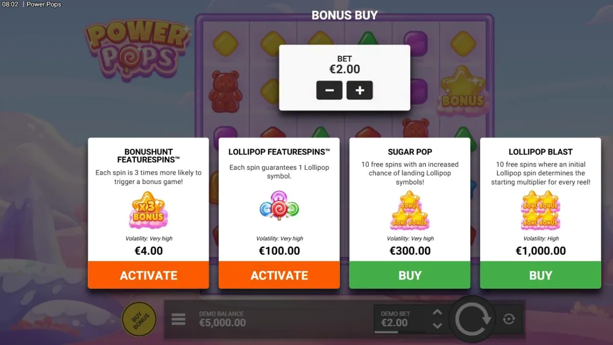 Interface colorida e doce do jogo de slot Power Pops com pirulitos e doces